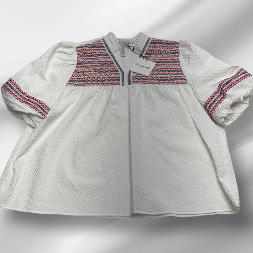 GRACE + KARMA Women’s XL Red White Blue Bubble Sleeve Shirt